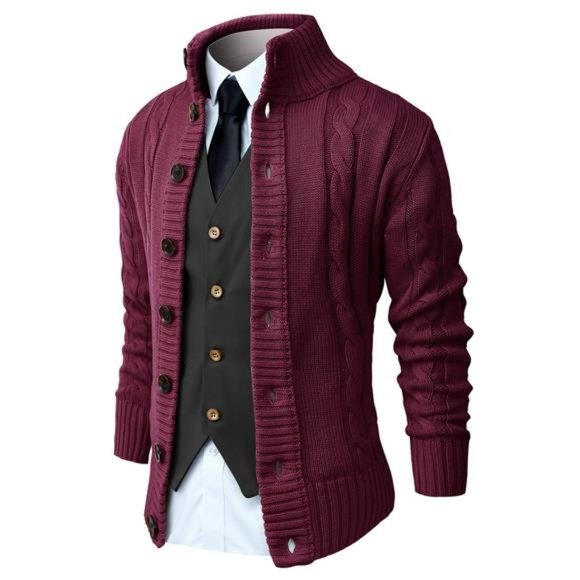 Mens Long Sleeve Stand Collar Cardigan Button Down Cable Knitted Sweaters NEW - Picture 1 of 7
